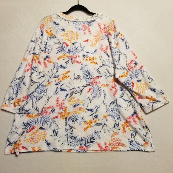 Chico's 4 (XXL) Top 100% Linen Knit Floral Tunic Beaded Fringe Beach Coastal - Picture 7 of 8